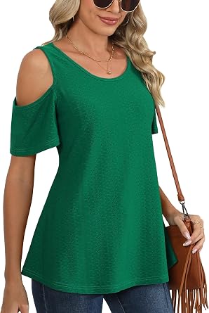 Jouica Womens Summer Cold Shoulder Short Sleeve Tunic Tops Loose Casual Shirts Blouses