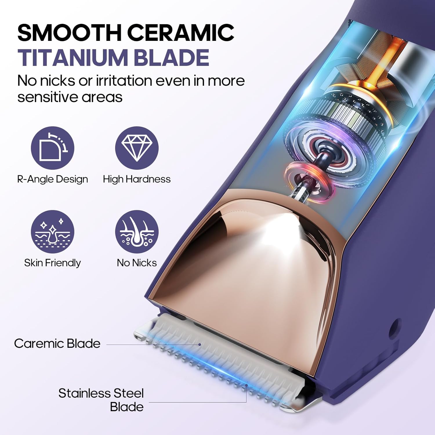 Electric Body Hair Trimmer - 3 in 1 Pubic Trimmer for Men - Bikini Trimmer for Women - No Nick Groin Ball Shaver Razor with Ceramic Blade Heads, Wireless Dock Charging, Wet/Dry Use (Purple) - Image 3