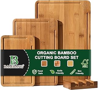 BAMBANG Bamboo Cutting Board, Dark Carbonized Chopping Boards Set of 3 with Stand, Butcher Block with Deep Juice Groove, Non-Toxic Wooden Cutting Boards for Kitchen Meal Prep & Serving
