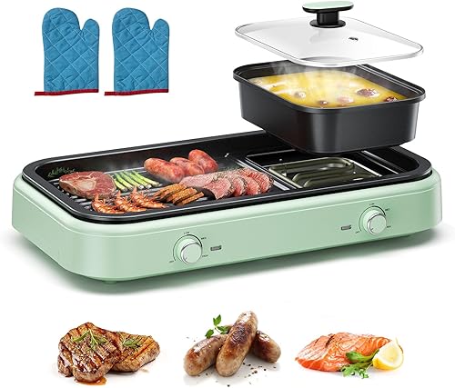 Olla caliente eléctrica con parrilla, 2 en 1 antiadherente para interior con doble control de temperatura, olla caliente desmontable y bandeja para