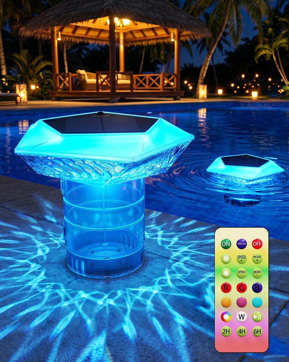 MYMULIKE Solar Floating Chlorine Dispenser for 3" Tablets, Pool Chlorine Floater with Colourful LED Light & Remote Control, IP68 Waterproof, Tablet Floater for Pool, Fountain, Garden, Patio Decoration