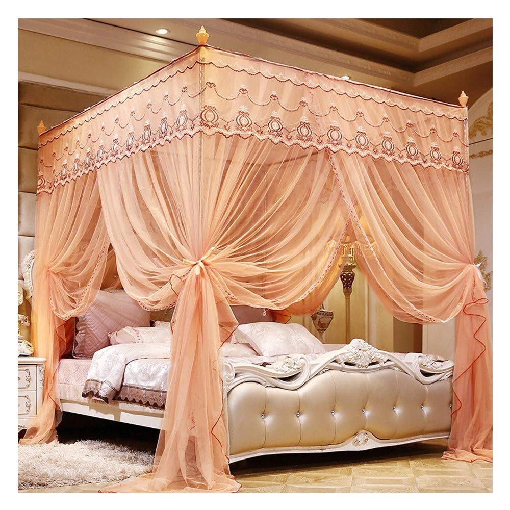 GJMSSMY bed tent，Mosquito Net Bed Canopy - Lace 4 Corner Square Princess Fly Screen, Floor-Standing Canopy Curtains, Palace mosquito net