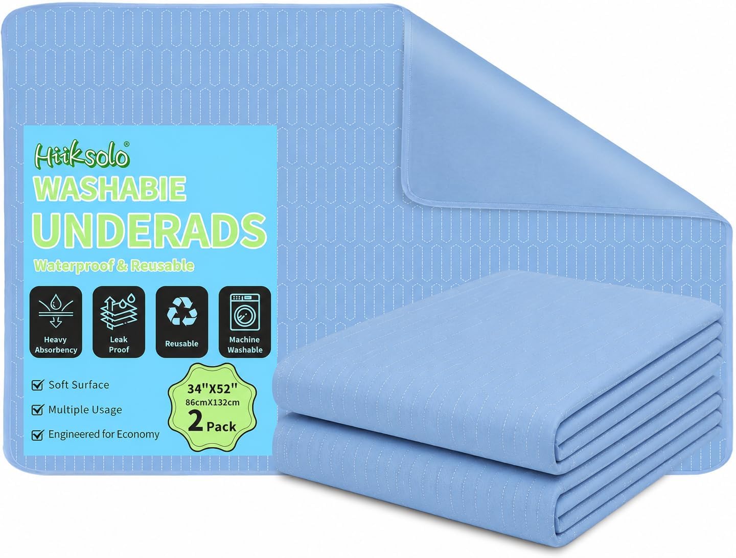 Washable Bed Underpads with Encased Edges, Reusable Waterproof Pee Pads for Adults, Kids, Incontinence, Dogs Heavy Absorbency Leakproof Mattress Protector, 34" x 52" 2 Pack Blue