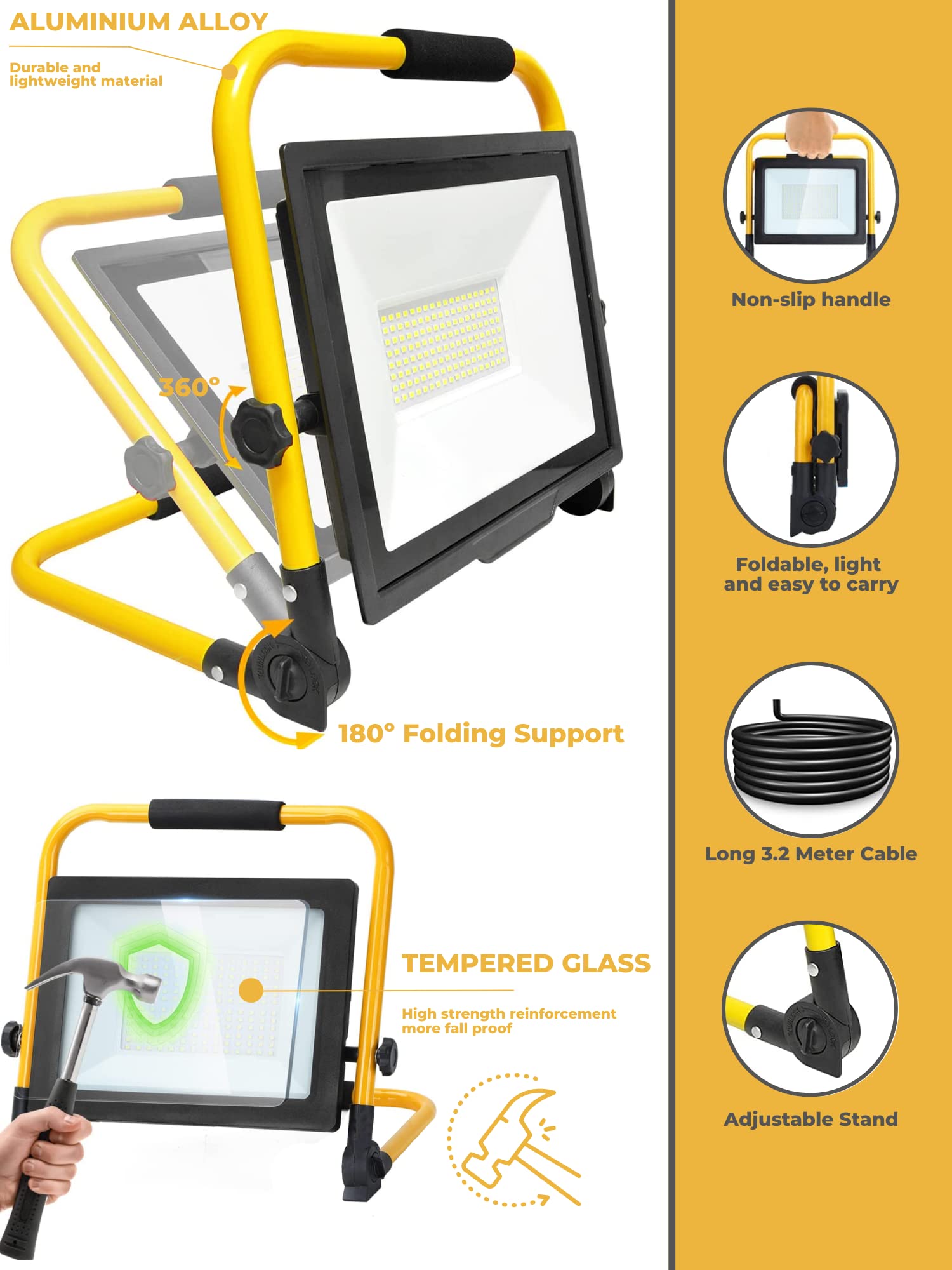 Foco de Trabajo LED 200W, Foco Proyector Portátil, Luz de Inundación Blanca 6000K, 20000LM, Panel Giratorio 360º, Impermeable IP65, Plegable, Cable 3m. Iluminación de Exterior, Taller, Obra, Garaje
