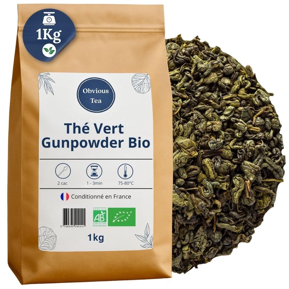 Thé Vert Gunpowder Bio - Thé Vegan en Vrac Riche en Caféine, 100% Naturel, Sans OGM - Agriculture Biologique - Conditionné en France - Sachet 1 kg (500 Tasses)