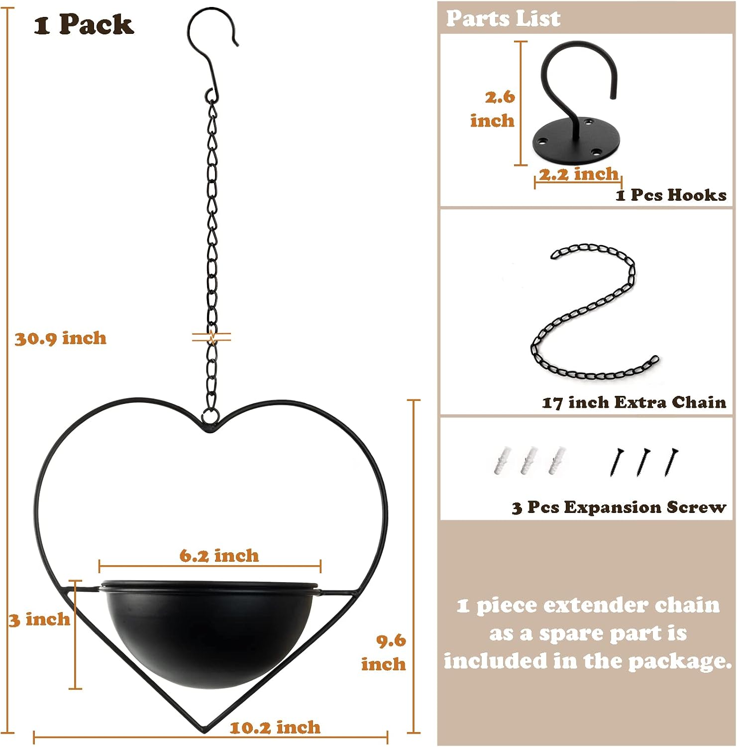 Hajia 2 Pack Heart Shaped Boho Hanging Plant Holder, 6 inch and 7.5 inch Detachable Pot Each, Black Metal Wall and Ceiling Plant Hanger for Indoor and Outdoor Decor