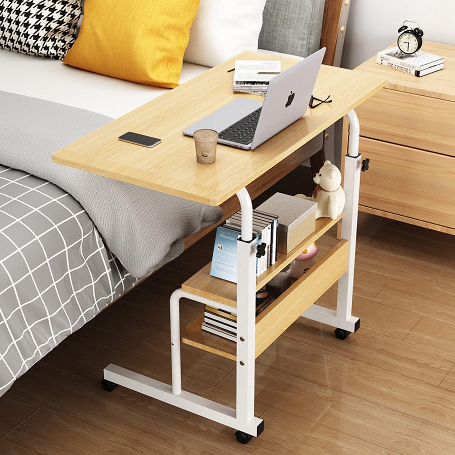 U-HOOME Small Standing Desk Adjustable Height,Mobile Laptop Computer Desk for Bedside, Adjustable Portable Laptop Desk with Storage, Sliding Sofa Side Laptop Stand Home Office Desk 32x16 inch