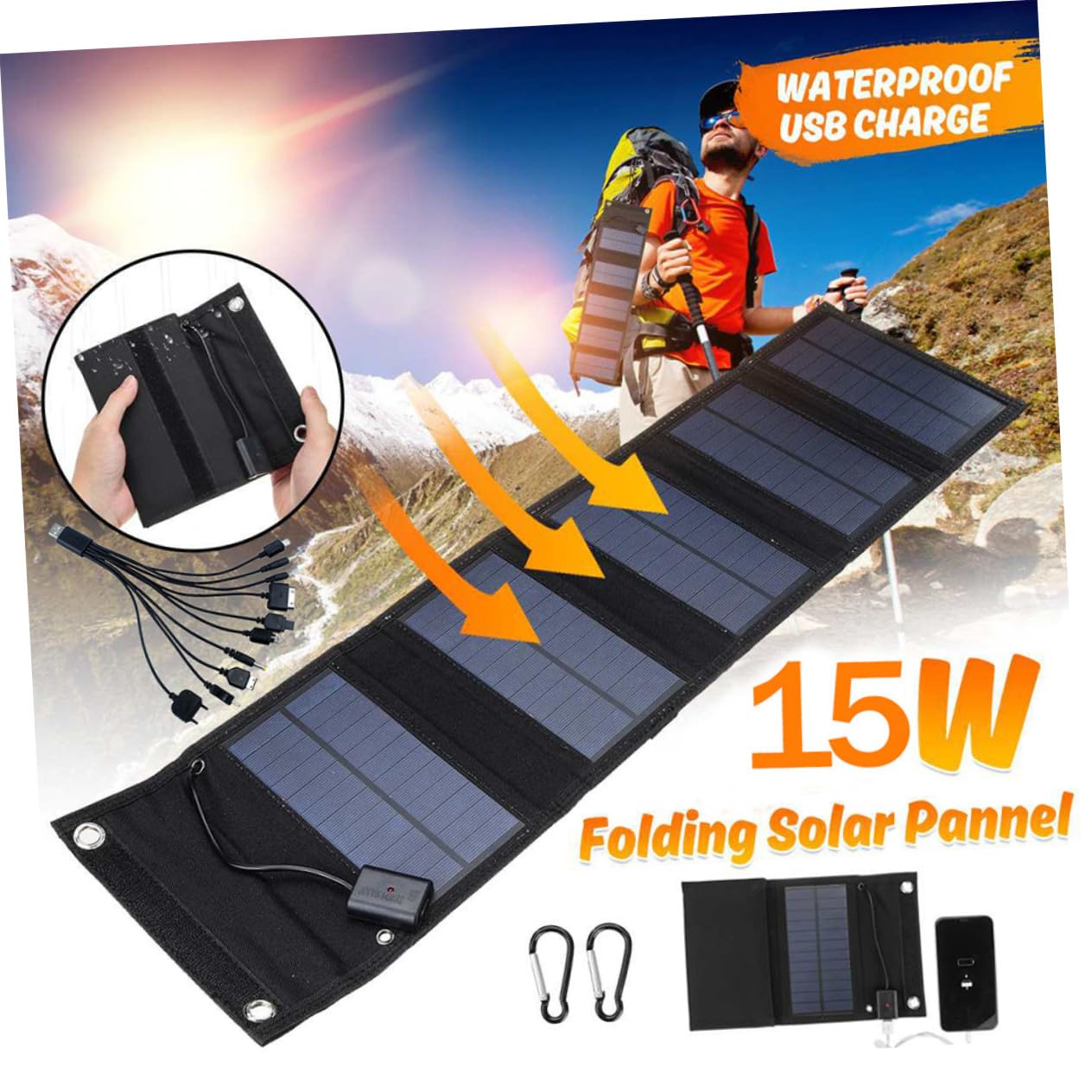 Cargador Solar Plegable de 15w y 6v Salida Usb, Panel Portátil de Abs Cobre Adecuado para Camping y Emergencias