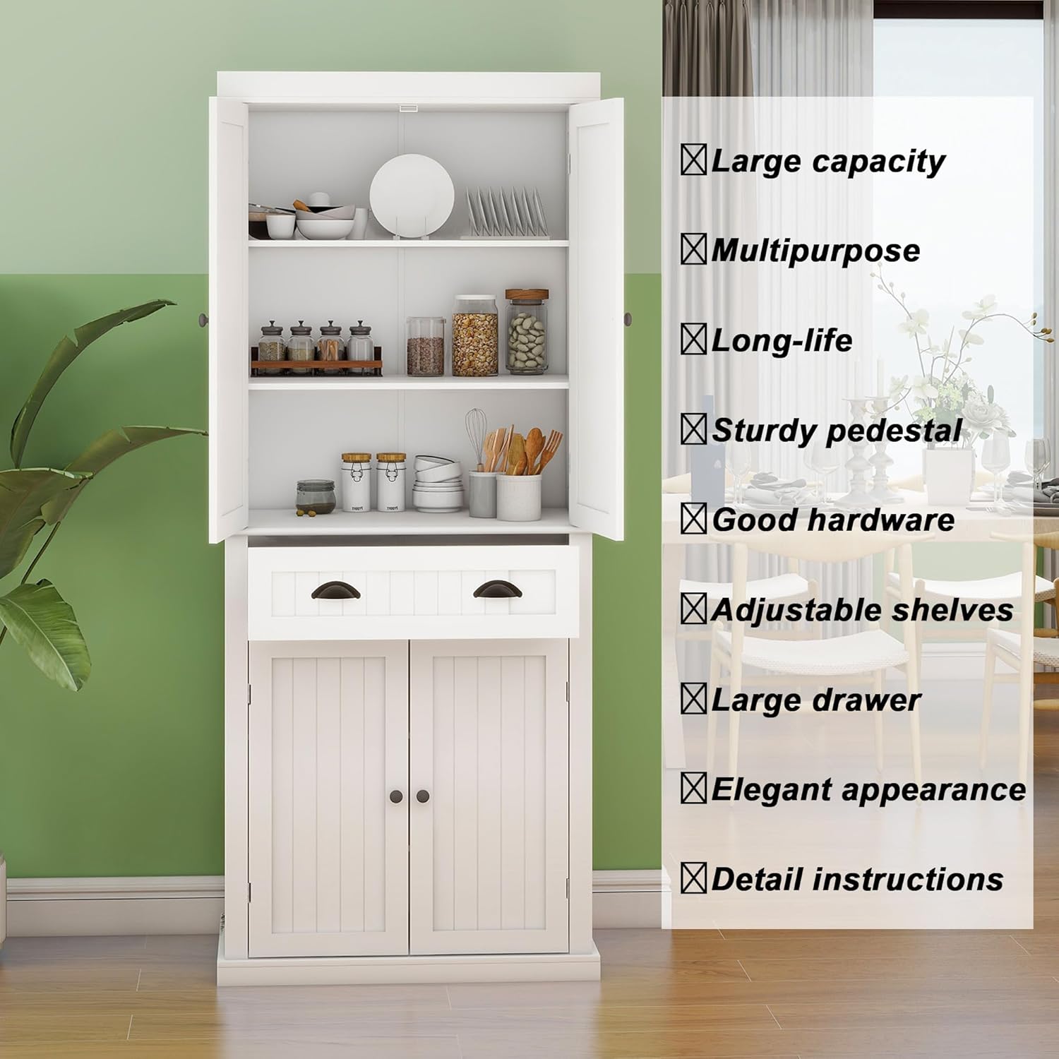 72" Freestanding Kitchen Pantry Cabinet White Pantry Storage Cabinet, Tall Storage Cabinets with Doors and Shelves for Kitchen, Large Kitchen Cupboard (Stripe)