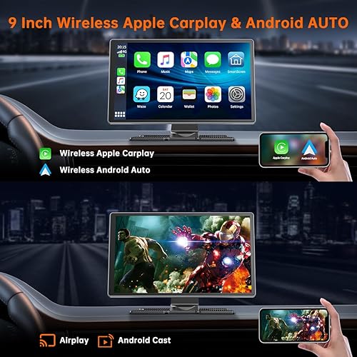 Miniatura 2 de HOTPEAK Apple Carplay inalámbrico y Android Auto con cámara de 2.5 K, pantalla Carplay portátil de 9 pulgadas con cámara de respaldo de 1080p,