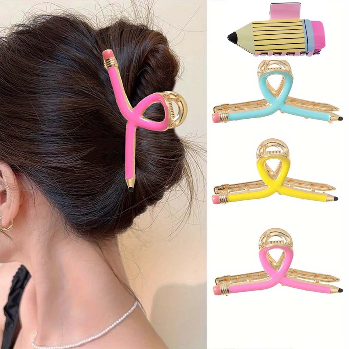 4Pcs Pencil Hair Claw Clips for Women, Back to School Accessories for Teachers Students Appreciation Gifts (A)