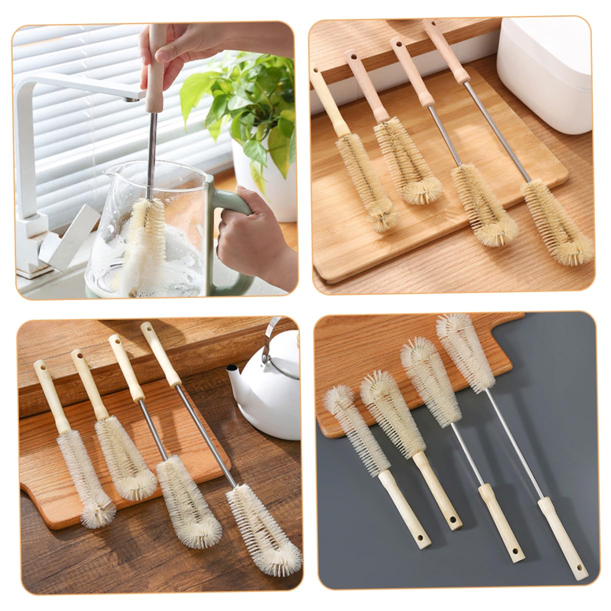 VICASKY 4pcs Nylon Wood Long Handle Washing Brush Glass Cup Brush Bottle Scrubber Brush Mug Cleaning Brush