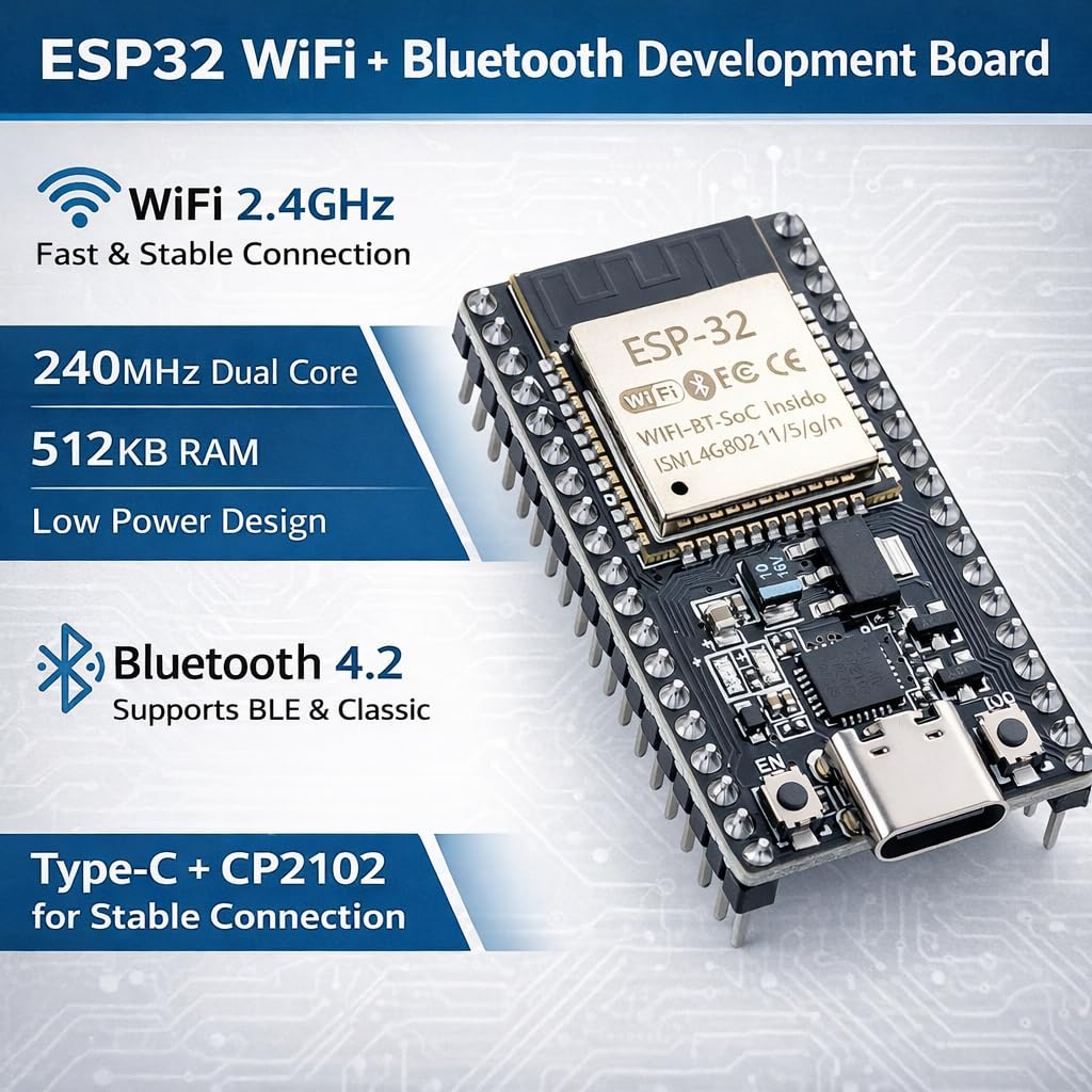 ESP32 płytka rozwojowa typu C, dwurdzeniowy moduł WiFi Bluetooth 240 MHz ESP32-WROOM-32 z CP2102, zawiera kabel USB, kompatybilny z Arduino IDE MicroPython do projektów IoT