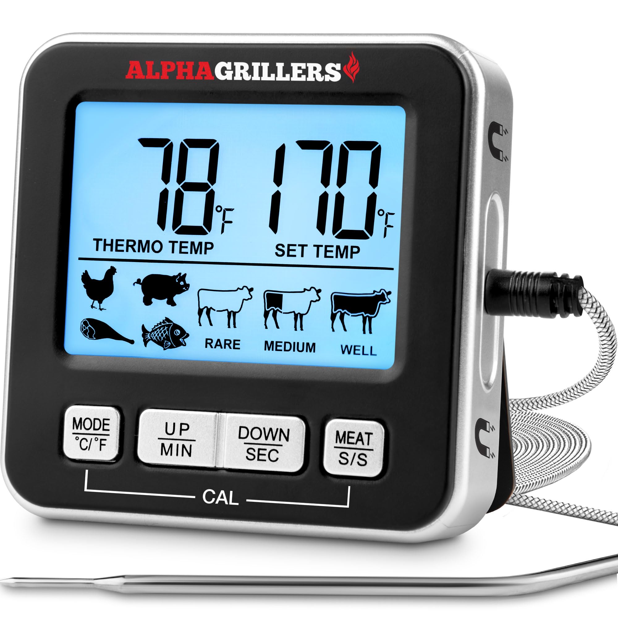 Alpha Grillers Oven Thermometer Probe - Turkey Thermometer Oven Safe Leave in Digital Meat Temperature Probe for Fryer - 7 Preset Temperature Alerts, Timer, & Alarm