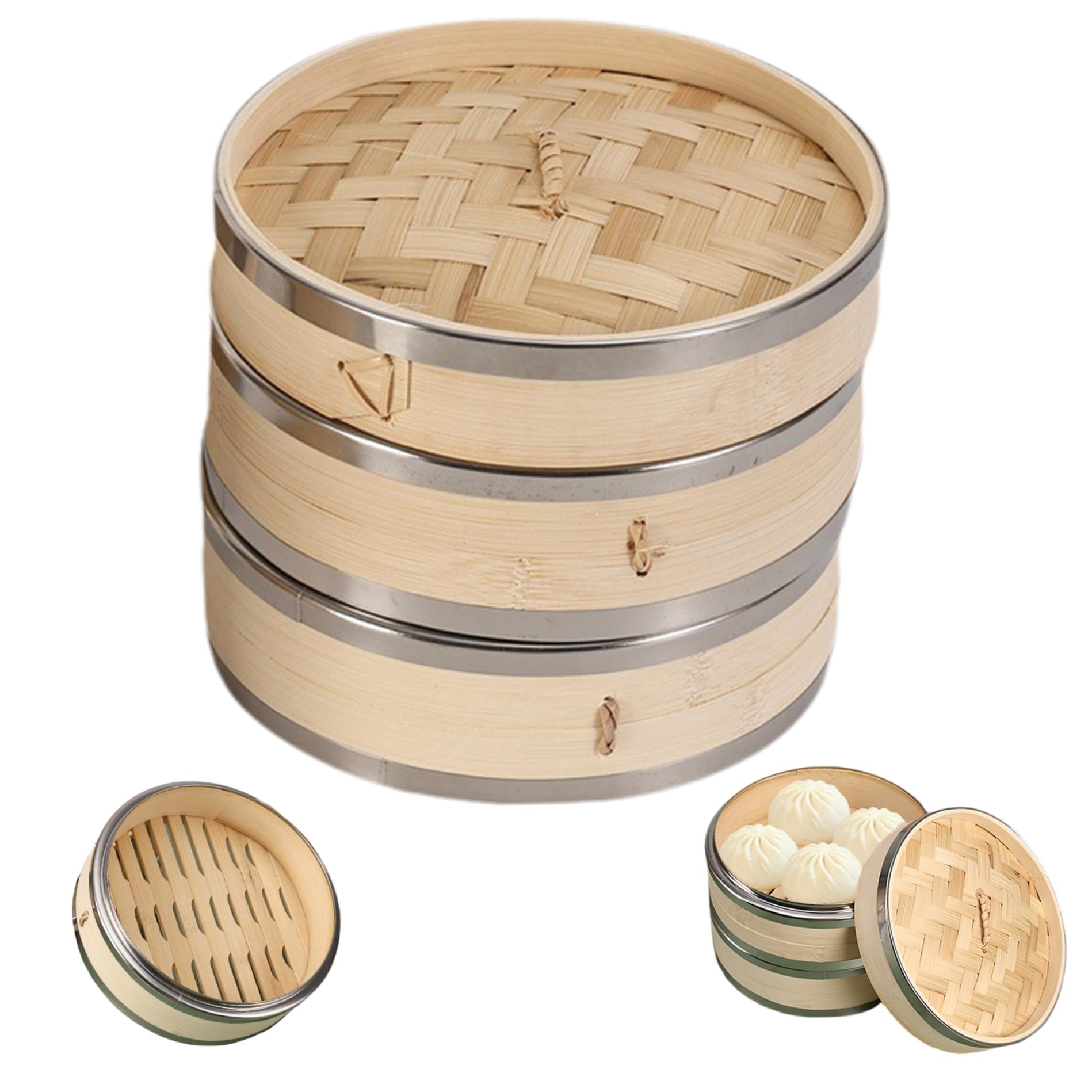 Panier à vapeur en bambou à 2 niveaux avec couvercle pour cuisson de baozi et dim sum maison