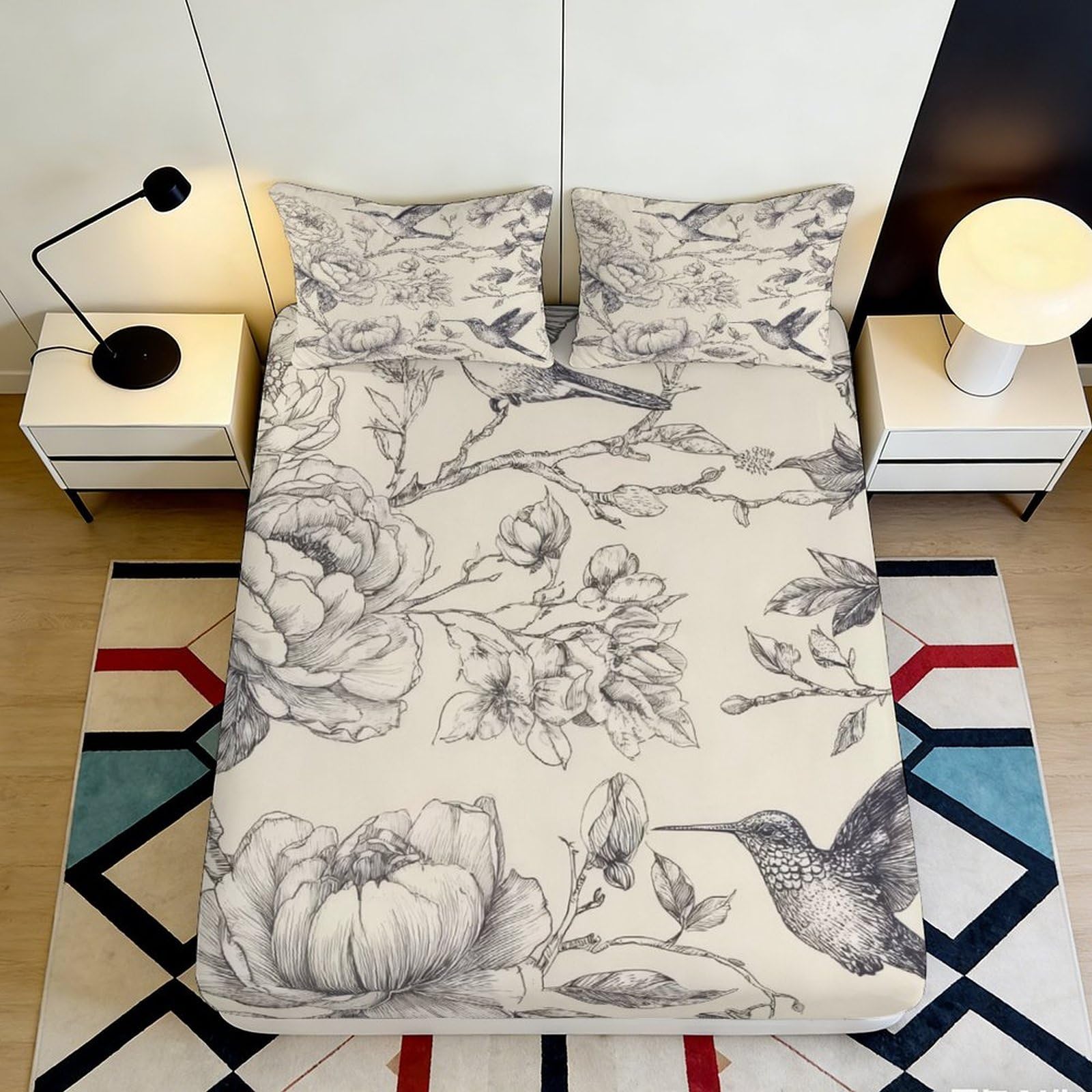 3D Printed Botanical Hummingbird Fitted Sheet Microfiber Floral Bird Mattress Cover Anti-Slip Washable Bedroom Decor 140x200x25cm