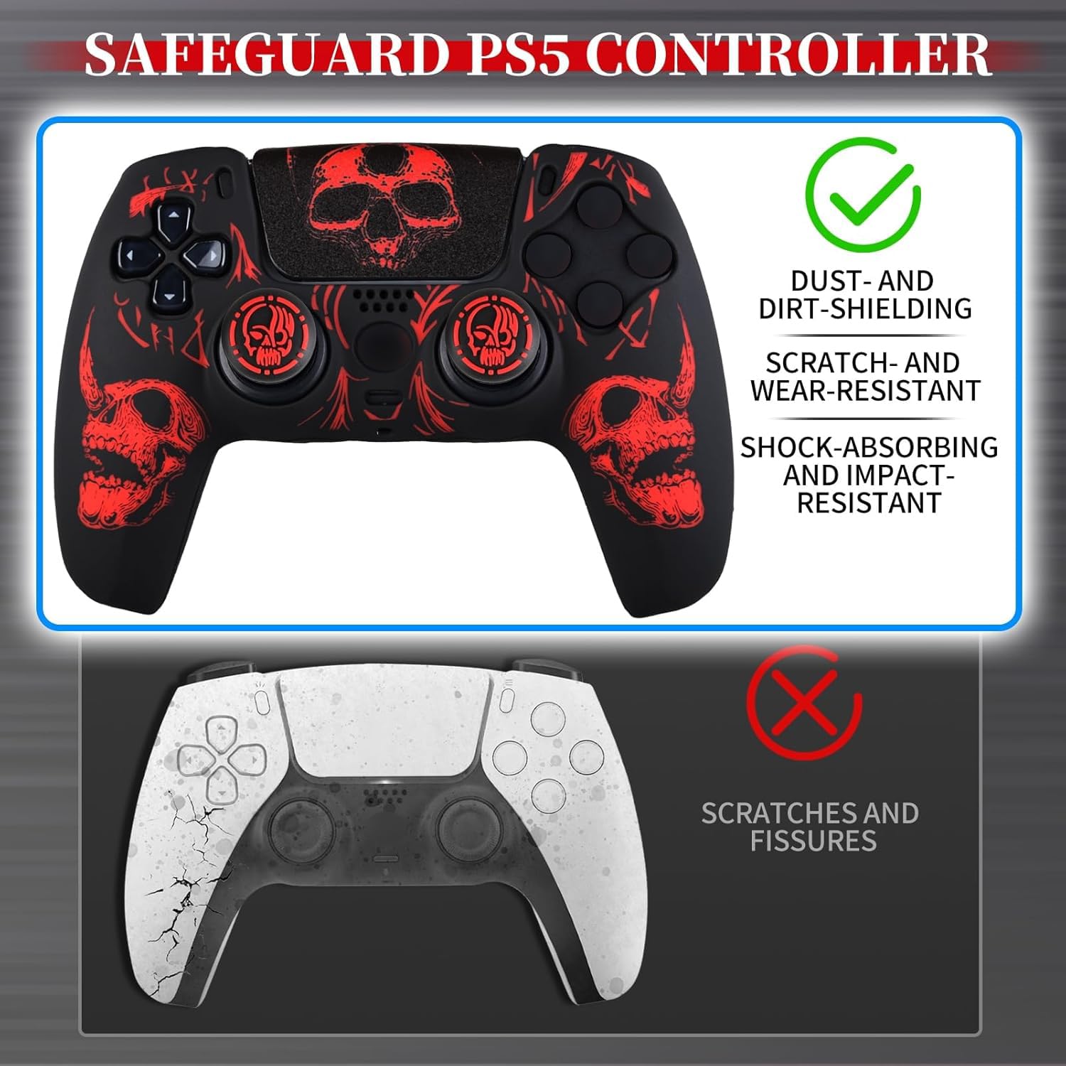 YoRHa Sculpture au Laser Silicone Peau Coques Skin pour Manette PS5 Dualsense x 1 (Rouge) avec Pro Thumb Grips Prises de Pouce x 8