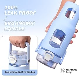 BLUEGO 32oz Glass Water Bottles with Straw Time Marker Half Gallon Large Motivational Water Bottle with Silicone Sleeve 2 Liter Large Glass Water Jug for Gym, Sports& Workout, Daily, Light Blue