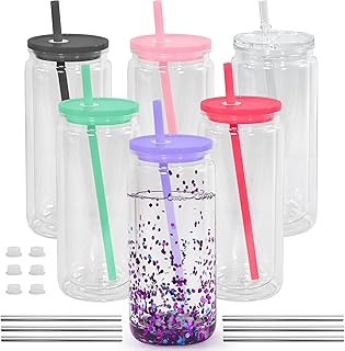 20oz Plastic Snow Globe Tumblers, 6 Pack Acrylic Double Wall Tumbler with Lids and Straws, Acrylic Snowglobe Cups with Pre Drilled Hole for Snow Globe Glitter DIY