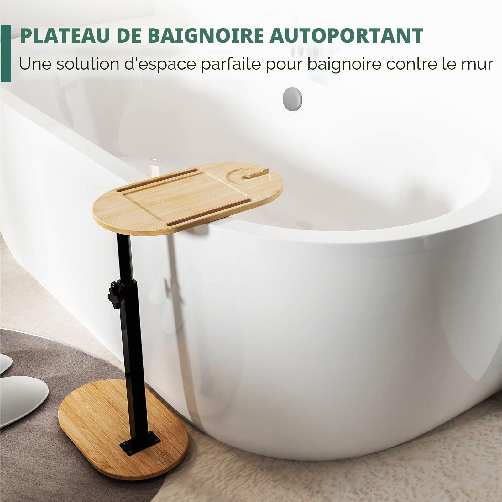 Yumkfoi Plateau de Baignoire en Bambou avec Hauteur réglable, Plateau autoportant pour Baignoire Contre Le Mur, Table d'appoint pour Baignoire de Luxe, Maison, Spa et Choix de Cadeau – Brevet protégé