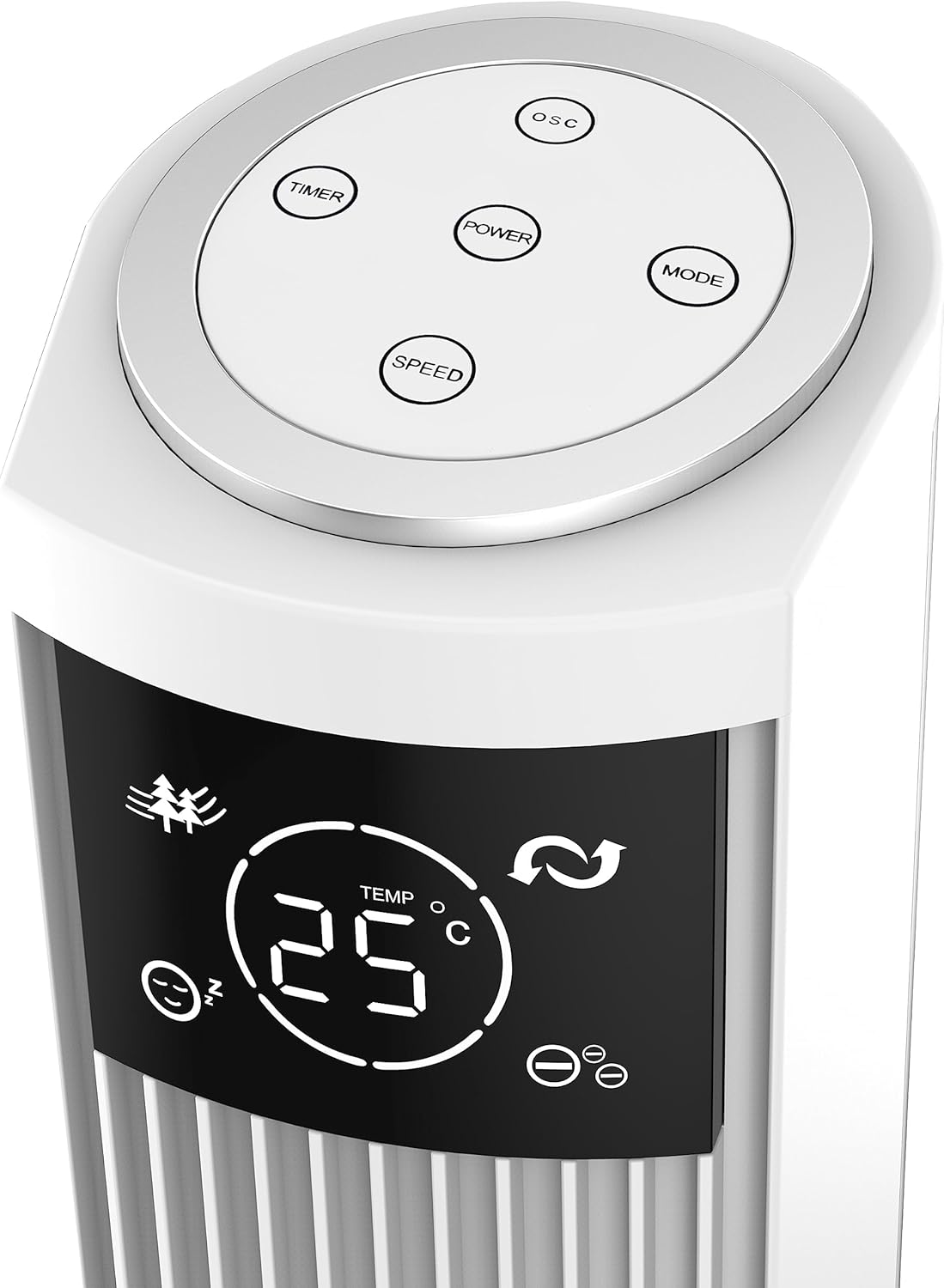 Close-up of Be Cool Tower Fan top control panel