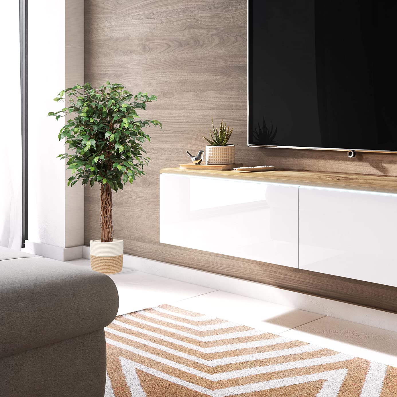 Hollyone Ficus Benjamini Grande plante artificielle de 123 cm de haut avec 672 feuilles, idéale pour salle à manger, entrée et décoration intérieure
