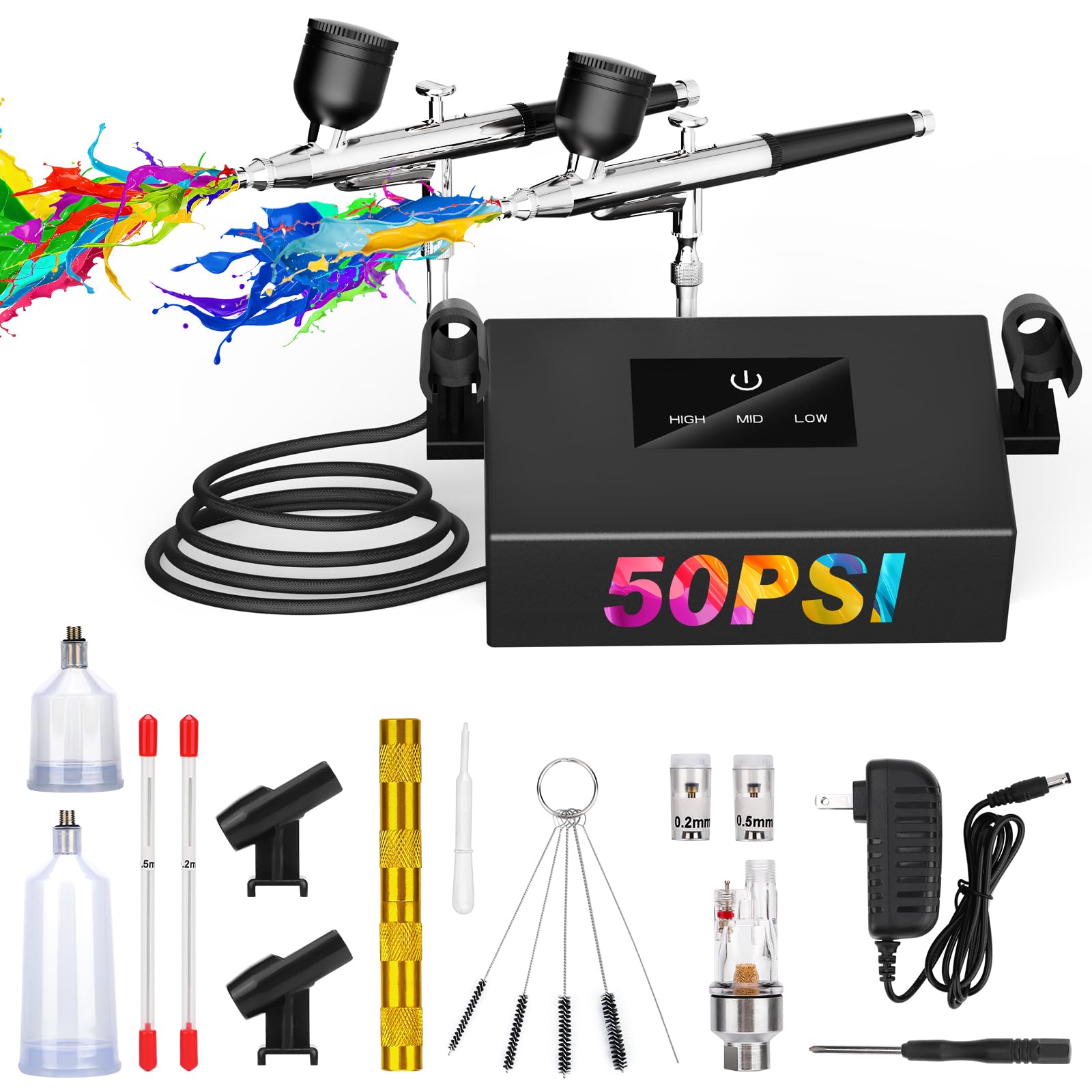 TURNRISE Airbrush Kit with Air Compressor Dual Airbrush 50PSI High Pressure Air Brush Kit with 0.2/0.3/0.5mm Nozzle & Cleaning Set for Painting, Modeling, Cake Decorating, Makeup, Nails, Crafts