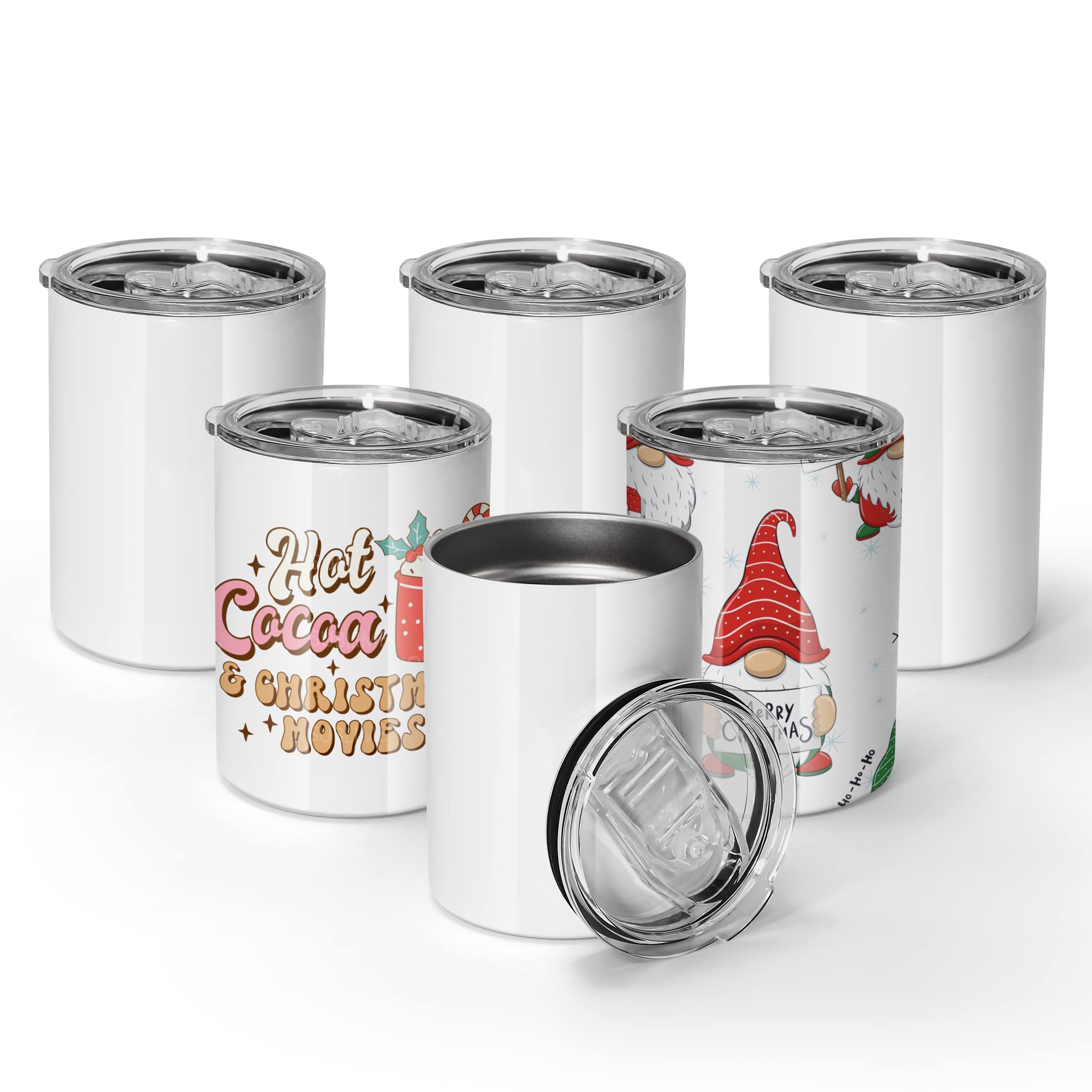 AGH 10 oz White Sublimation Wine Tumblers Blanks, 6 Pack Straight Stainless Steel Tumbler with Splash-proof Slide Lid and Metal Straw, Straw Brush, White Double Wall Vacuum Cups Bulk