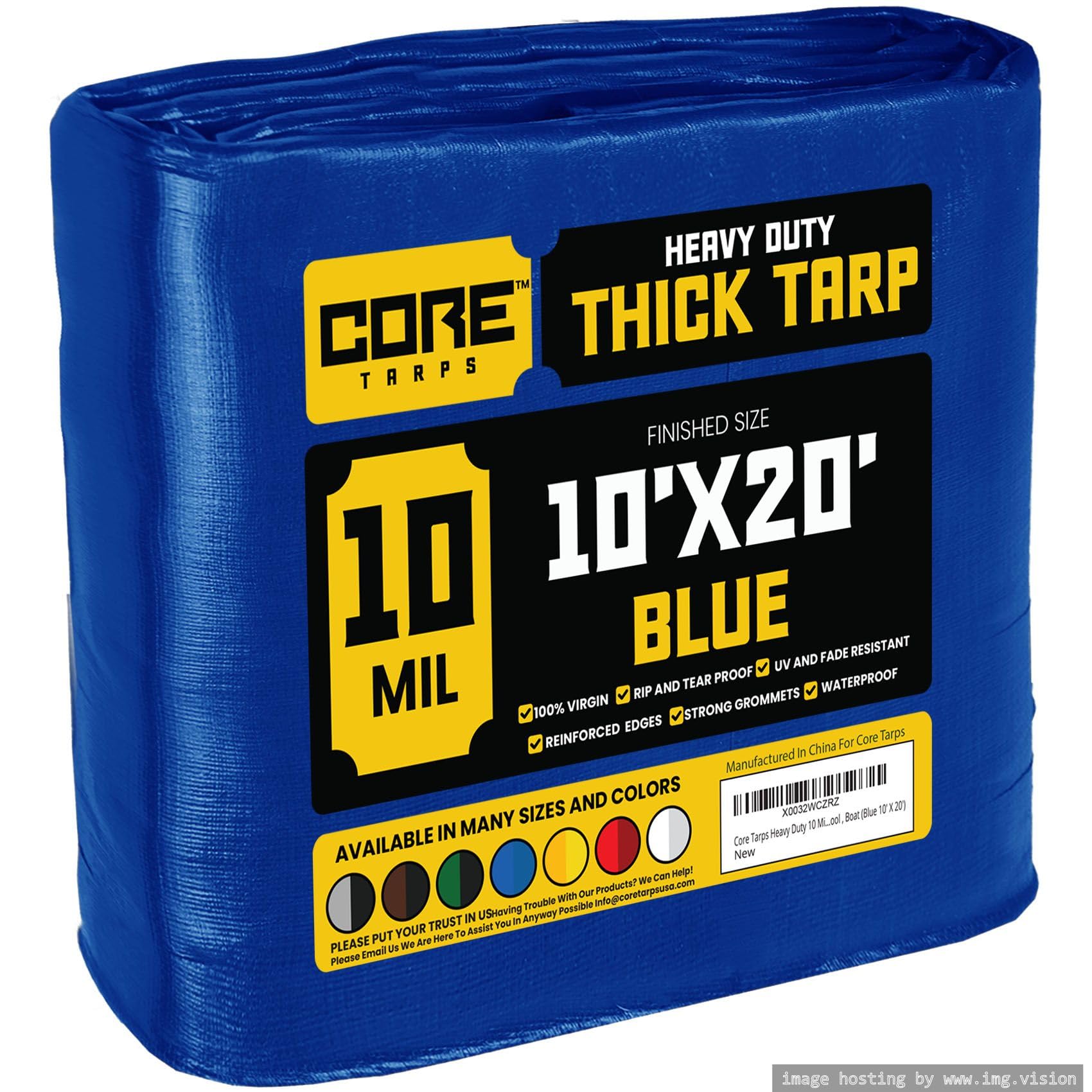 Core Tarps Blue-10 Mil Core Tarp - Tarpaulin Waterproof Heavy Duty(190 G/M²|10′ X 20′ | 3M X 6.1M|Blue-10 Mil) Uv Resistant, Tear Proof, Protective Poly Tarpaulin With Reinforced Edges For Multi-Purpose Usage