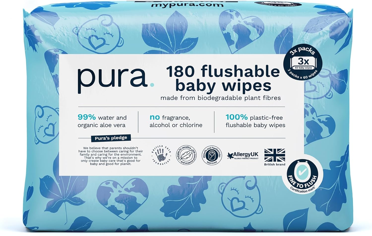 Pura Flushable Baby Water Wipes 3 x 60 per pack, (180 Wet Wipes) 100