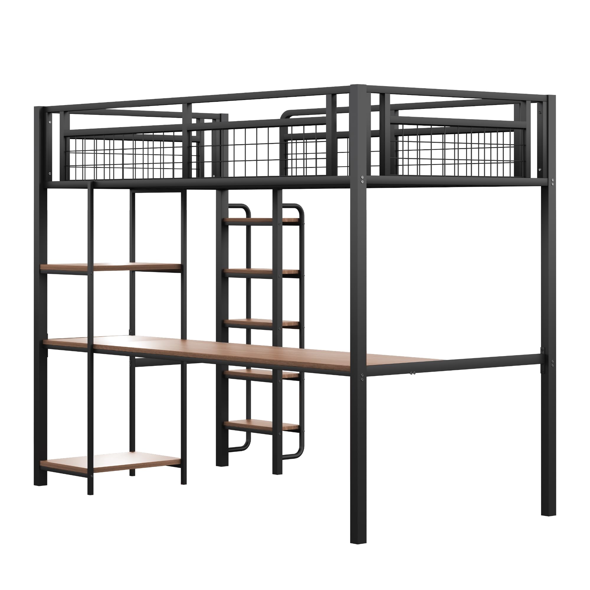 Kebnor Cama alta de metal, escalera de seguridad con peldaños, cama individual, cuna con mesa y estantes, valla de seguridad de malla metálica (sin colchón) (negro, 90 x 200 cm)