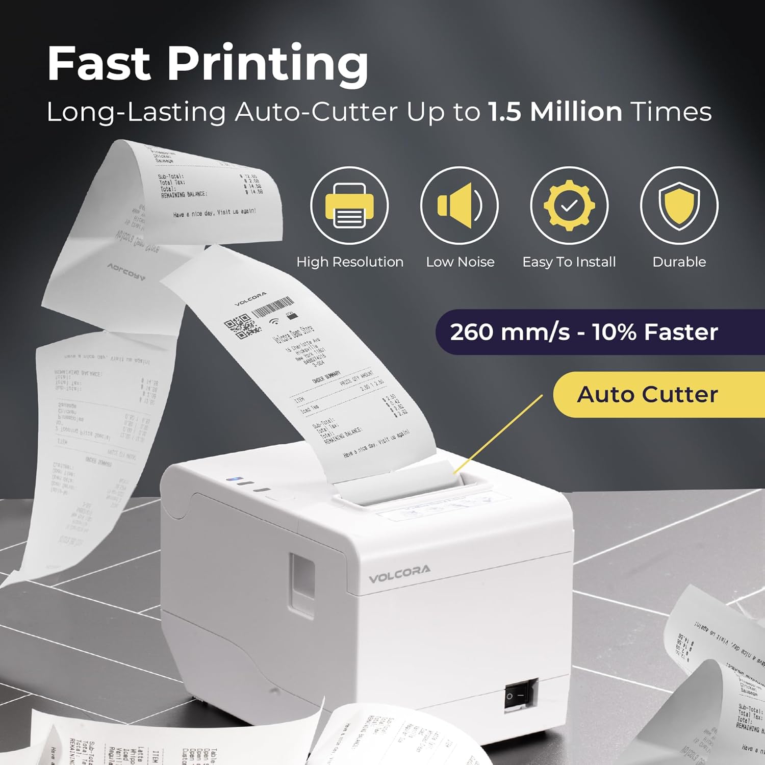 Image illustrating fast printing with a receipt rapidly exiting the printer, highlighting features like high resolution, low noise, easy installation, durability, 260mm/s speed, and auto cutter.