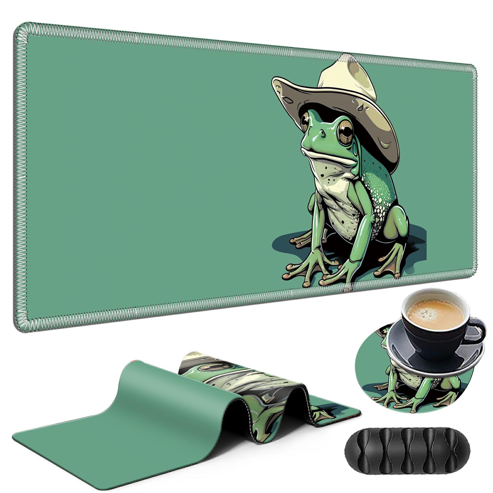 Large Gaming Mouse Pad Plus a Coasters + Cable Clips, Frog Green Extended Mousepad (31.5 x 11.8) with Stitched Edge, Foldable Computer Keyboard