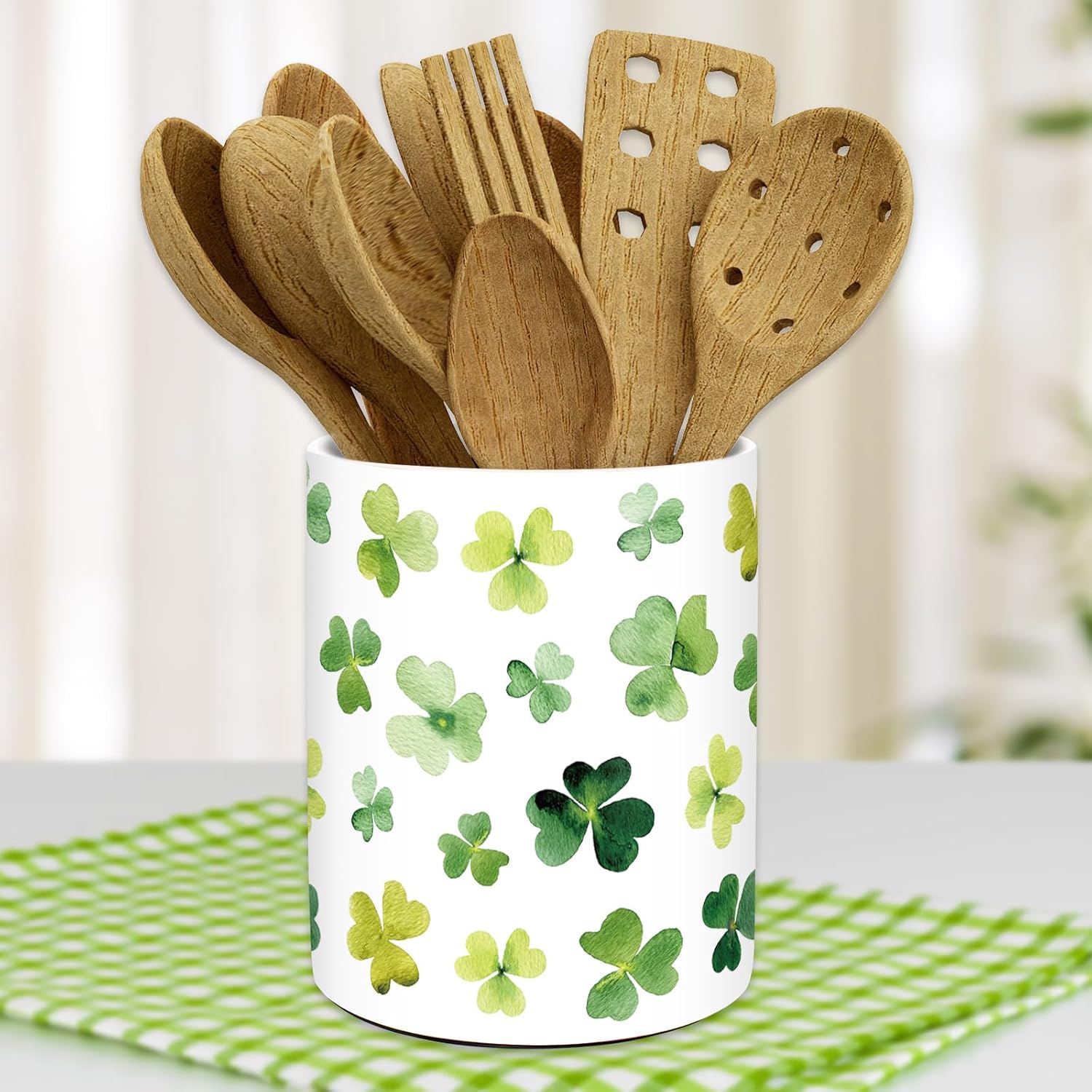 JarThenaAMCS St. Patrick's Day Ceramic Kicthen Utensil Holder Watercolor Green Shamrock Clover Utensil Crock for Irish Holiday Home Countertop Storage Organizer Container