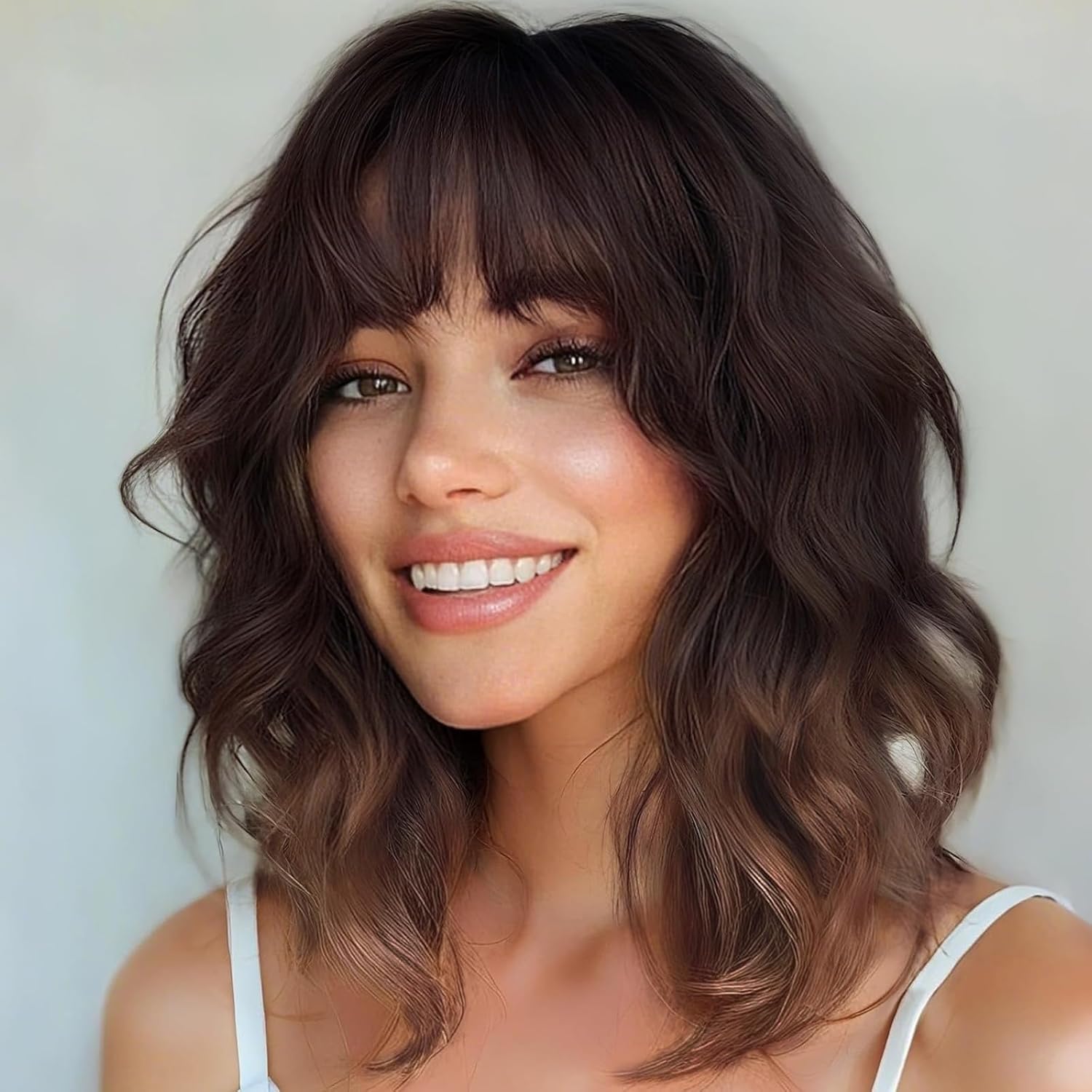 Lativ Ombre Brown Wigs for Women Bob Wig with Bangs Short Curly Wavy Wigs Natural Charming Heat Resistant Shoulder Length Hair for Cosplay Daily Party Use 14 Inches