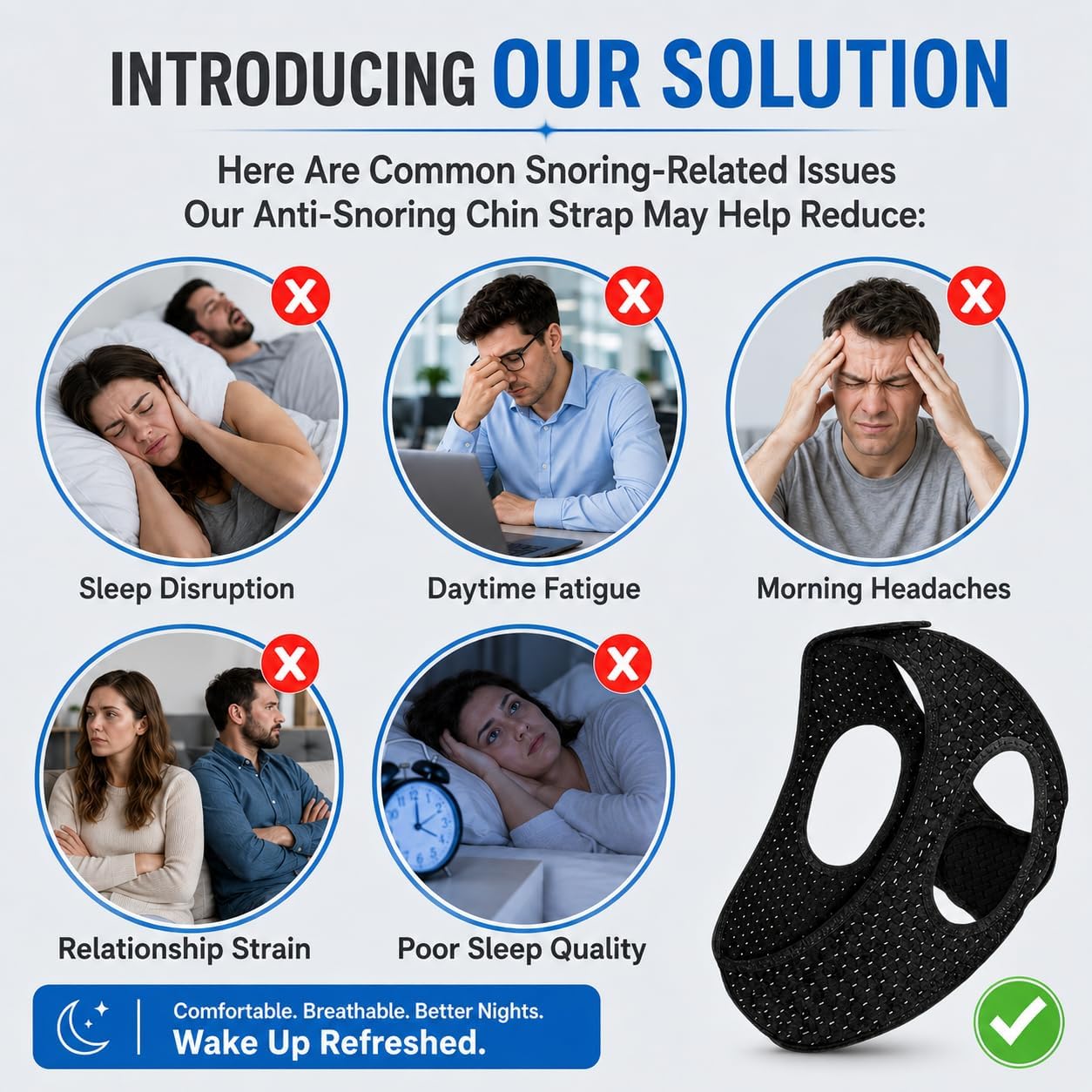 Anti Snoring Chin Strap for Sleeping, Adjustable Breathable Sleep Support with Secure Fit, Soft Comfortable Jaw Support Strap for Men & Women, Stays in Place for Quiet Restful Sleep