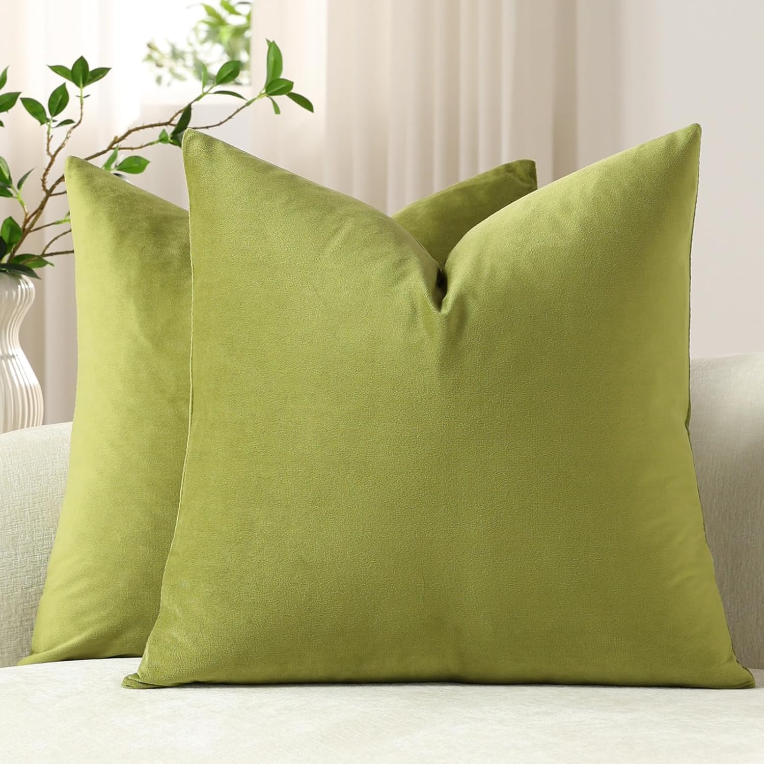 DEZENE Euro Sham Covers 24x24 Chartreuse: Pack of 2 Cozy Soft Velvet Square Modern Luxury Decorative Throw Pillow Cases for Sofa Couch Living Room Bed Home Decor