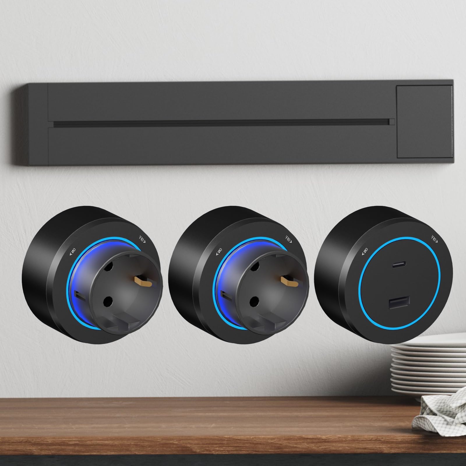Regleta De Pared, 8000W Carril De Alimentación, Regleta De Enchufes, Con Adaptadores De CA De 3-8 Salidas Y Puerto De Carga USB-A/C, Para Cocinas Y Salas De Estar Modernas(Negro,40cm)