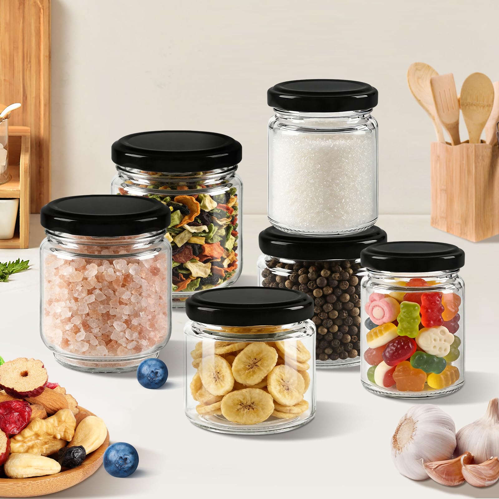 Lot de 24 Pots à Confiture de 150ml avec Couvercl, Petit Pot en Verre avec Couvercle avec Étiquettes et Marqueur,Lavables en Machine,Bocaux à Dessert,Idéaux pour les Confitures et Conserves