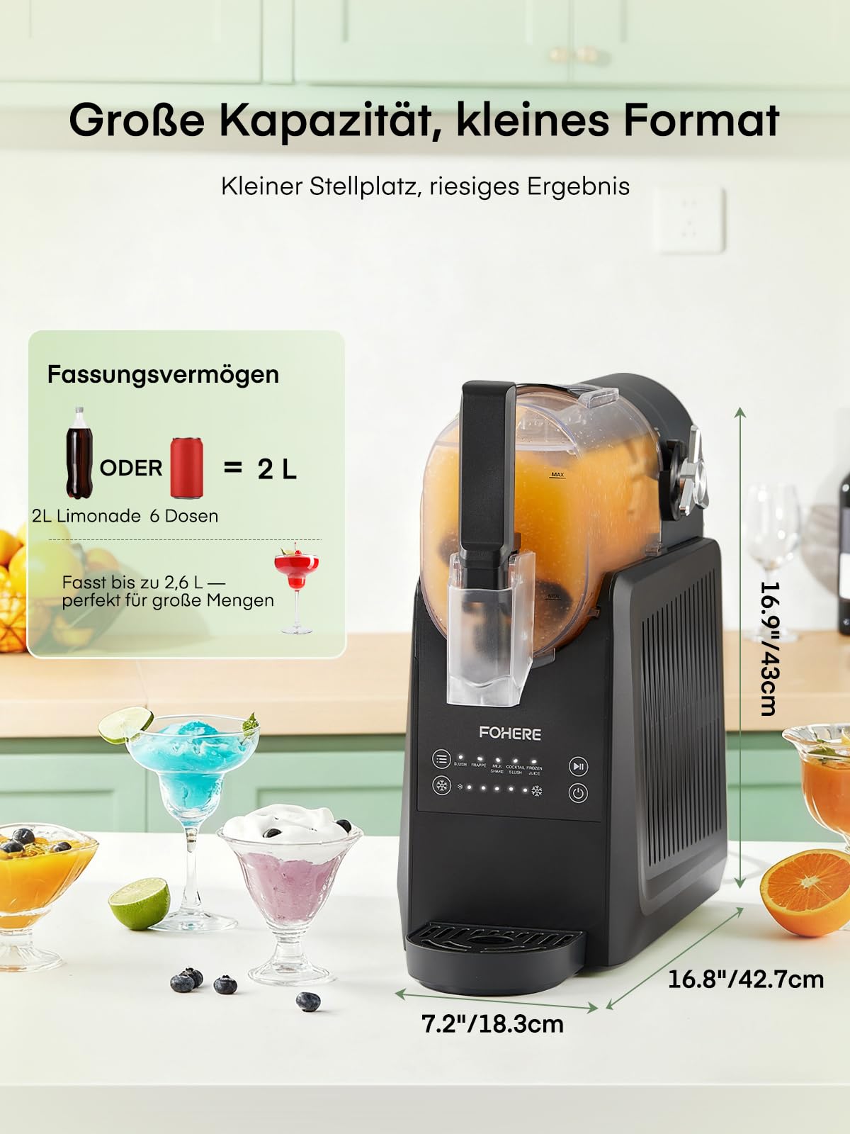 FOHERE Slush Maschine, 2,6L Slushie Maschine für Zuhause, Slush Eismaschine mit Selbstreinigung, Ohne Eiswürfel & 5 Smarten Programmen, für Slush, Eis-Cocktails, Frappé, Margaritas & Milchshakes