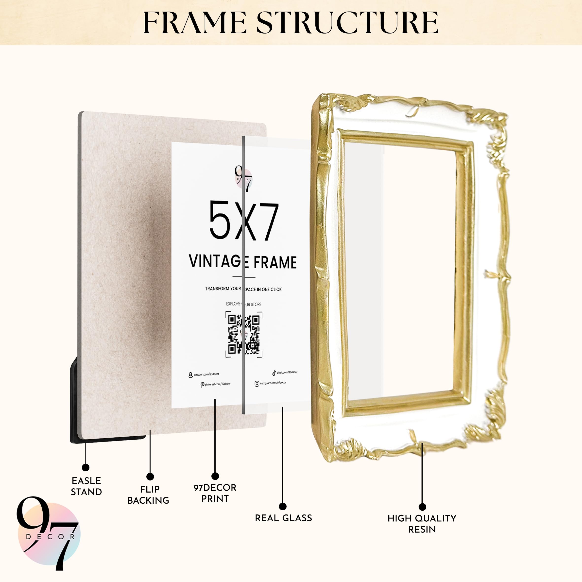 Amazon.com - 97 Decor White Gold Vintage Picture Frame 5x7-5 By 7