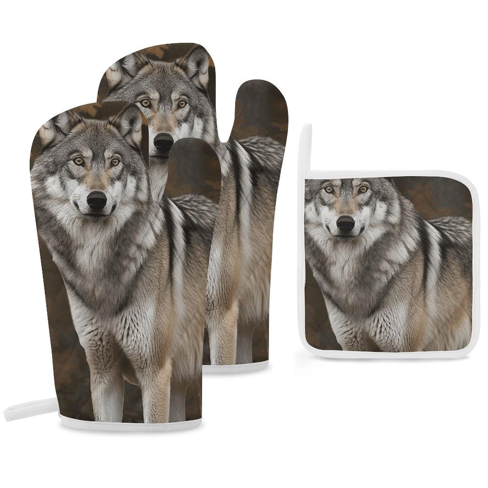 Gants de cuisine loup gris thermorésistants avec maniques coordonnées