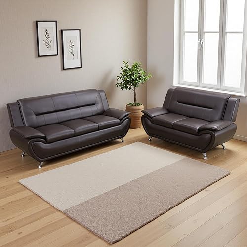 Miniatura 58 de Sofás Seccionales de Cuero, Conjuntos de Muebles de Sala de Estar, 3 Piezas Conjunto de Sofá Moderno para Sala de Crema