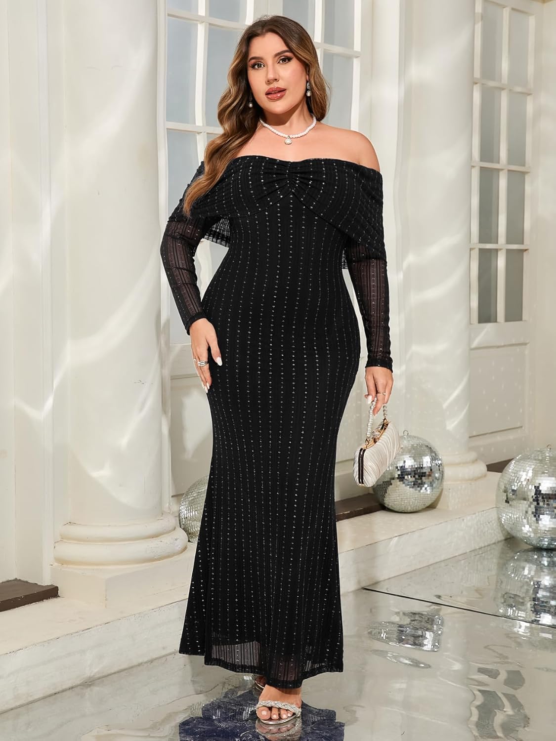 CYCLAMEN Plus Size Off The Shoulder Sparkly Dress Long Sleeve Mermaid Maxi Evening Gown Cocktail Party Wedding Guest - Image 6