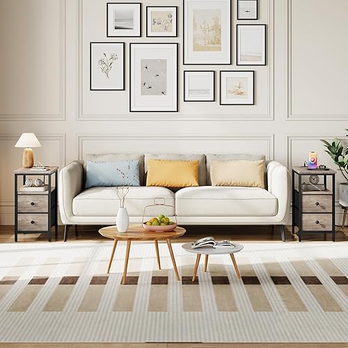 Miniatura 8 de HOOBRO Juego de 2 mesas auxiliares estrechas con luz LED y puerto USB C, mesita de noche con estación de carga, mesa auxiliar delgada con 2 cajones