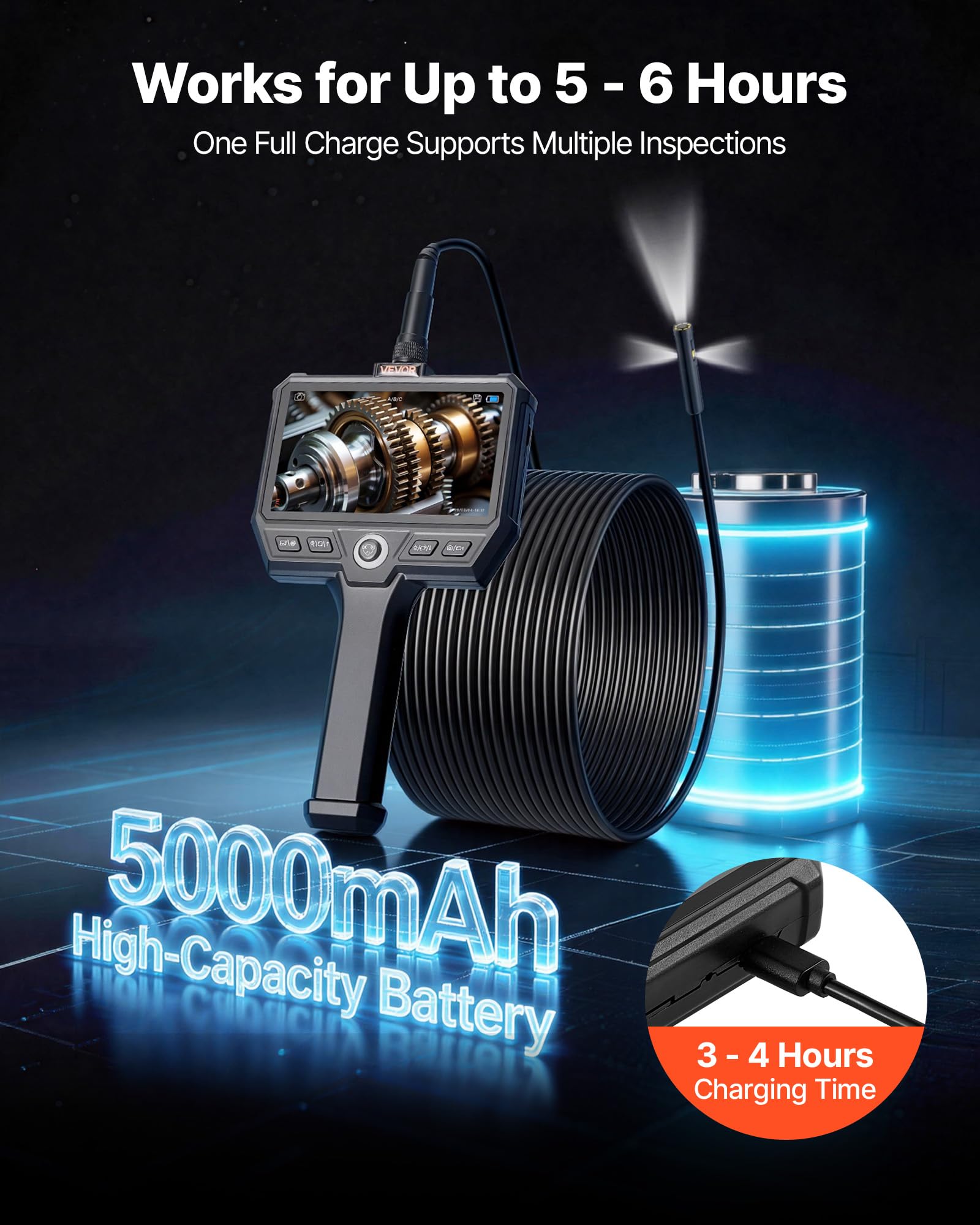 VEVOR Triple Lens Endoskopkamera mit Licht, Inspektionskamera mit 5 Zoll Bildschirm 10 m Kabel & 5000mAh Akku, 8 mm Rohrkamera mit 8X Zoom & IP67, Boroskopkamera mit Handgriff für Auto Rohre Abfluss
