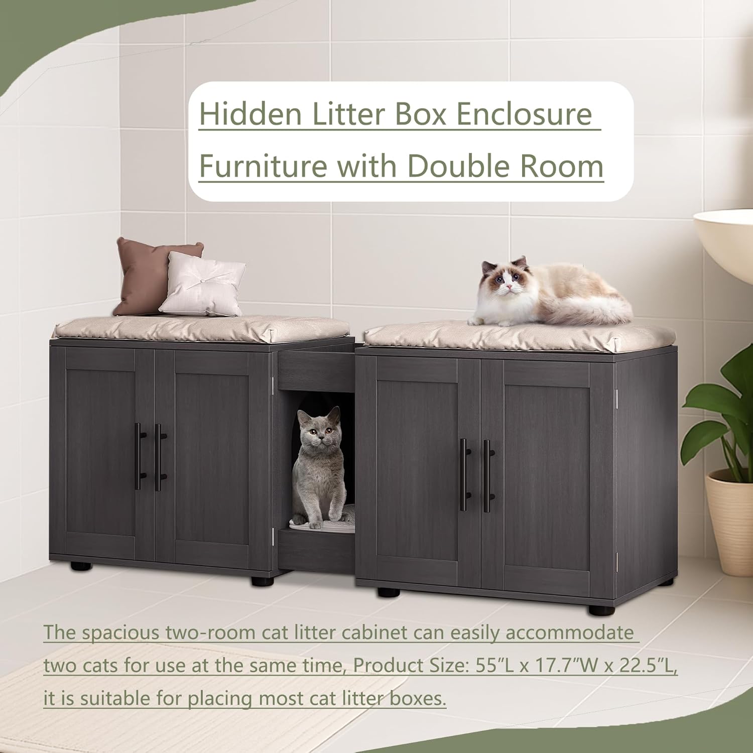 Cat Litter Box Enclosure Furniture for 2 Cats, 55" Large Hiddden Cat Litter Box Enclosure Furniture 3-IN-1 Wooden Cat Litter Cabinet with Barn Door & Double Rooms for Bedroom Living Room, Walnut