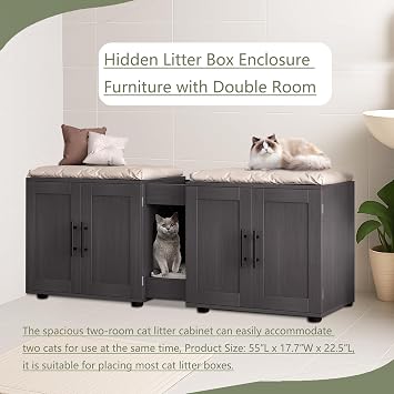 GAOMON 55 Inch Cat Litter Box Enclosure for 2 Cats, Walnut | Large Hiddden Litter Box Enclosure Furniture with Double Rooms, Farmhouse Wooden Cat Washroom for Bedroom Living Room