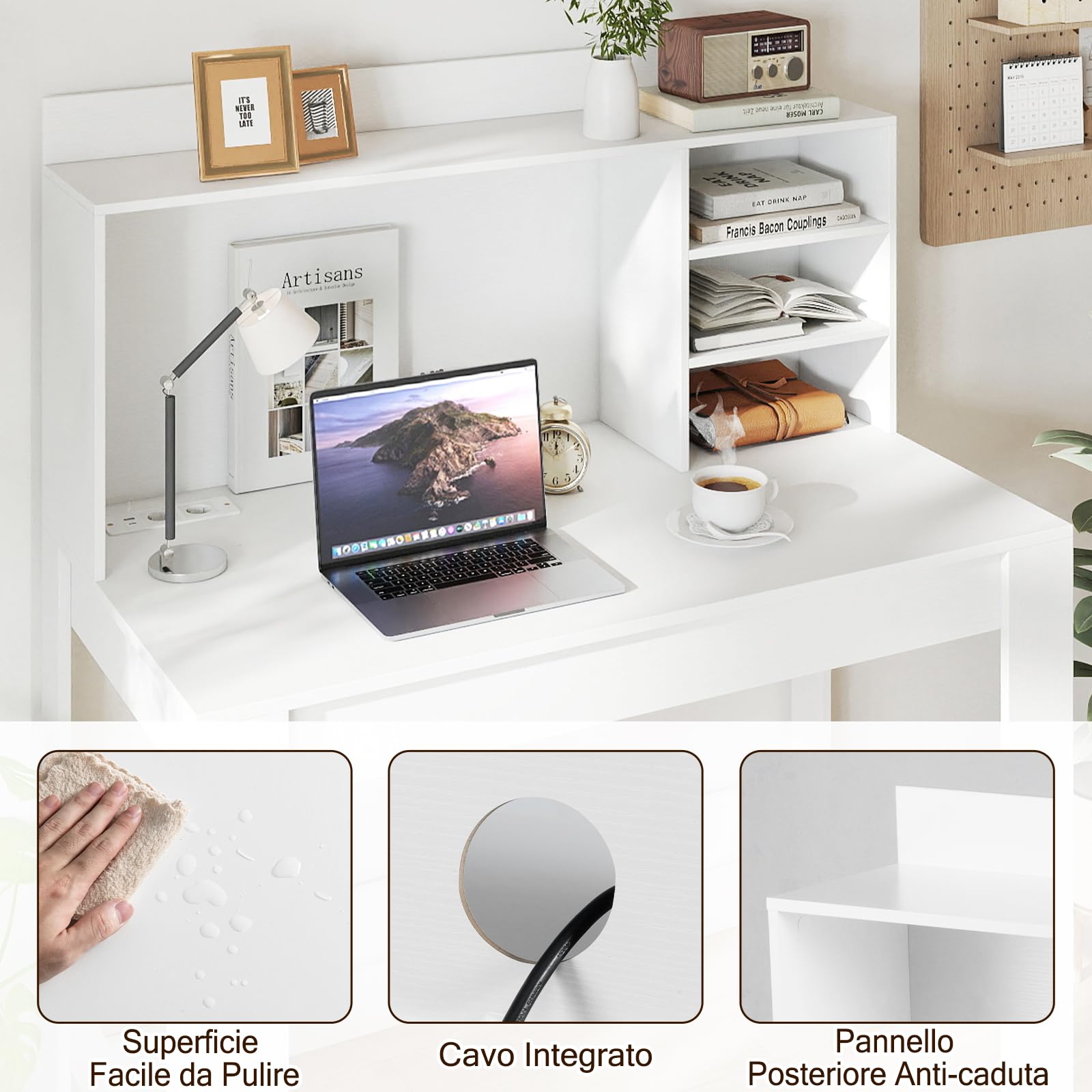 COSTWAY Scrivania per Computer con Libreria, Scrivania Salvaspazio in Legno con Stazione di Ricarica e Foro per Cavi, Scrittoio Moderno per Ufficio, Soggiorno e Studio, 108 x 60 x 125 cm (Bianco)