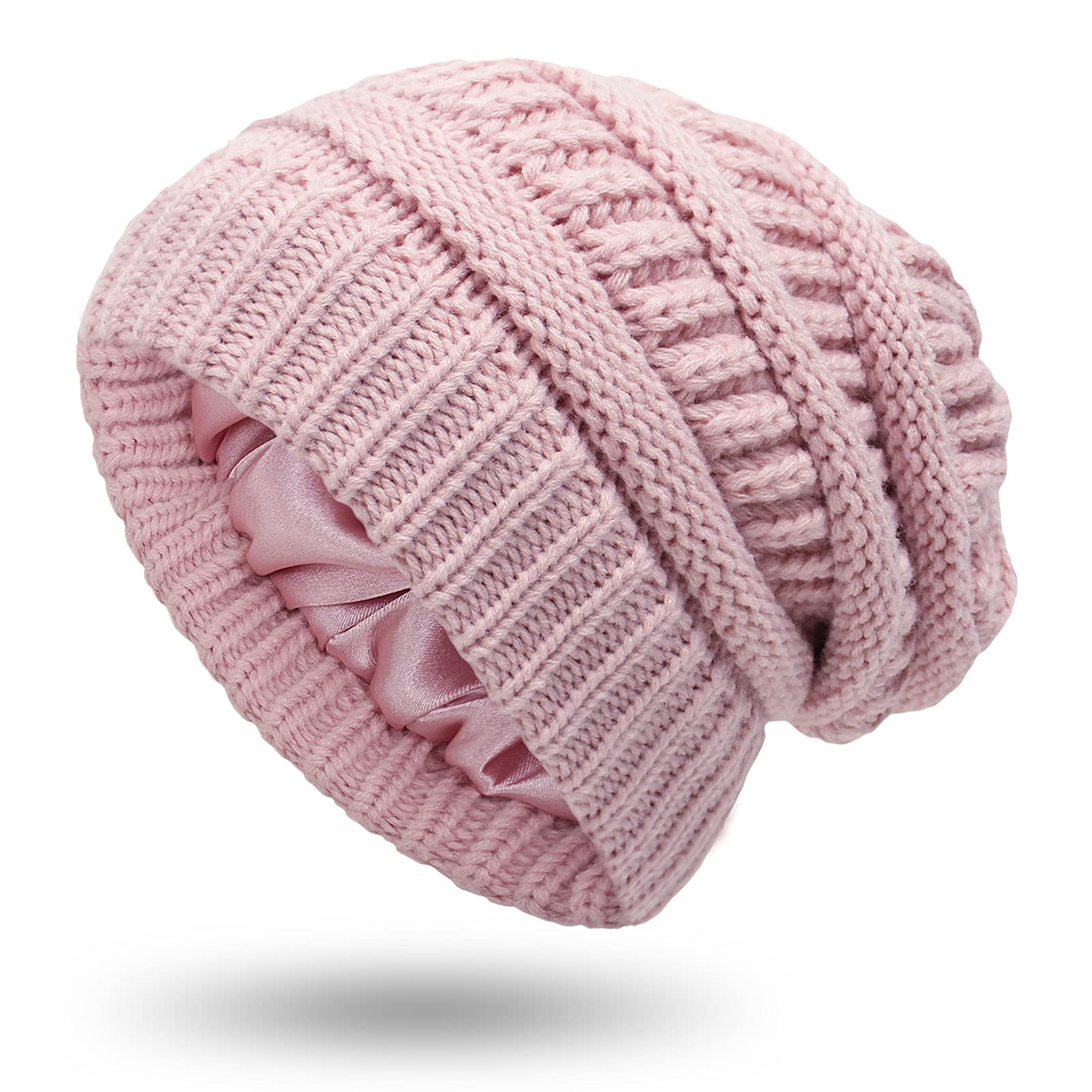 Muryobao Womens Winter Warm Knitted Hat Satin Silk Lined Cable Knit Beanie Chunky Slouchy Skull Cap Pink